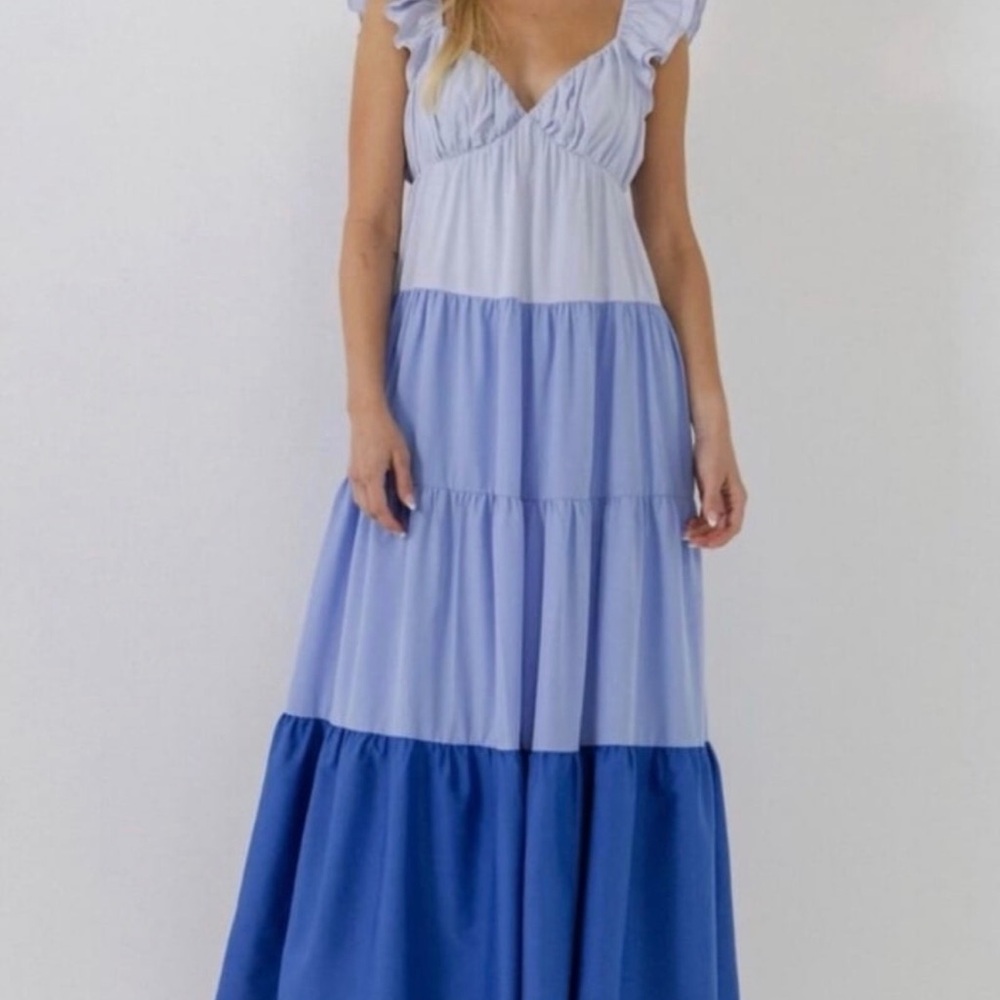 English Factory Light and Dark Blue Tiered Maxi Dress